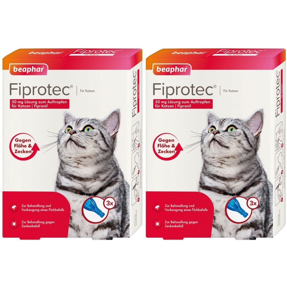 Zwei Packungen Fiprotec für Katzen. Rote und weiße Verpackung mit Katze, Produktname und Text: Gegen Flöhe & Zecken.