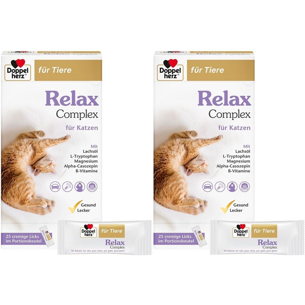 Doppelpack Doppelherz Relax Complex für Katzen. Zwei Kartons und zwei Beutel. Aufdruck: Relax Complex, für Katzen, Lachsol, L-Tryptophan.