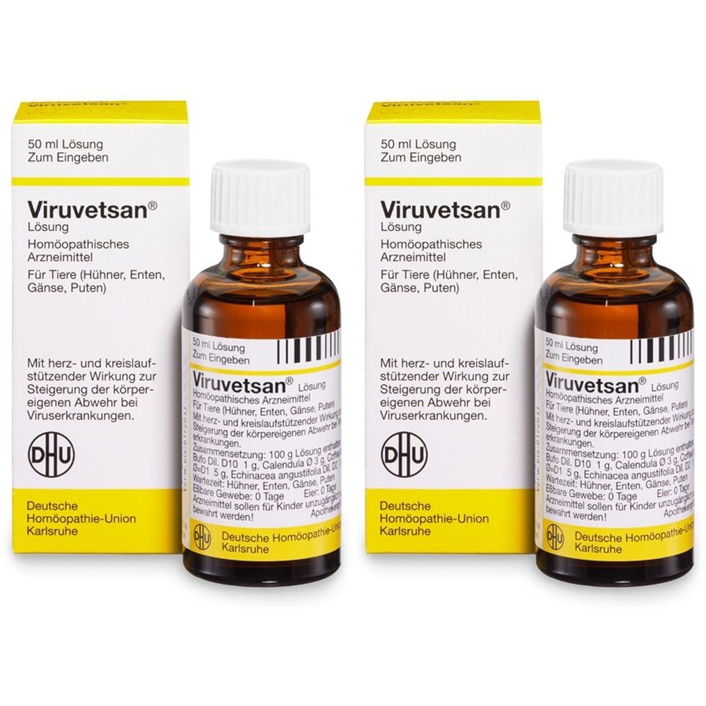 Zwei Flaschen und zwei Schachteln. Auf den Flaschen und Schachteln steht "Viruvetsan Lösung". Auf den Schachteln steht "Deutsche Homöopathie-Union".