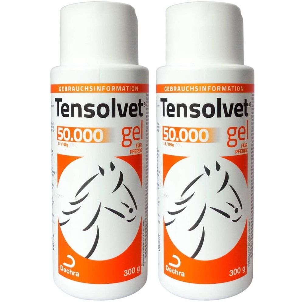 Zwei weiße Flaschen mit orangefarbenen Etiketten. Aufschrift: Tensolvet 50.000 gel, Pferdekopf-Umriss, Dechra-Logo, 300 g.