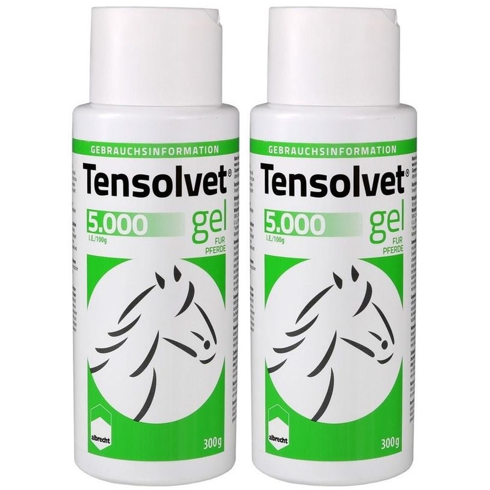 Zwei weiße Flaschen Tensolvet 5.000 Gel für Pferde. Aufschrift: Gebrauchsinformation, Logo mit Pferdekopf, 300g.