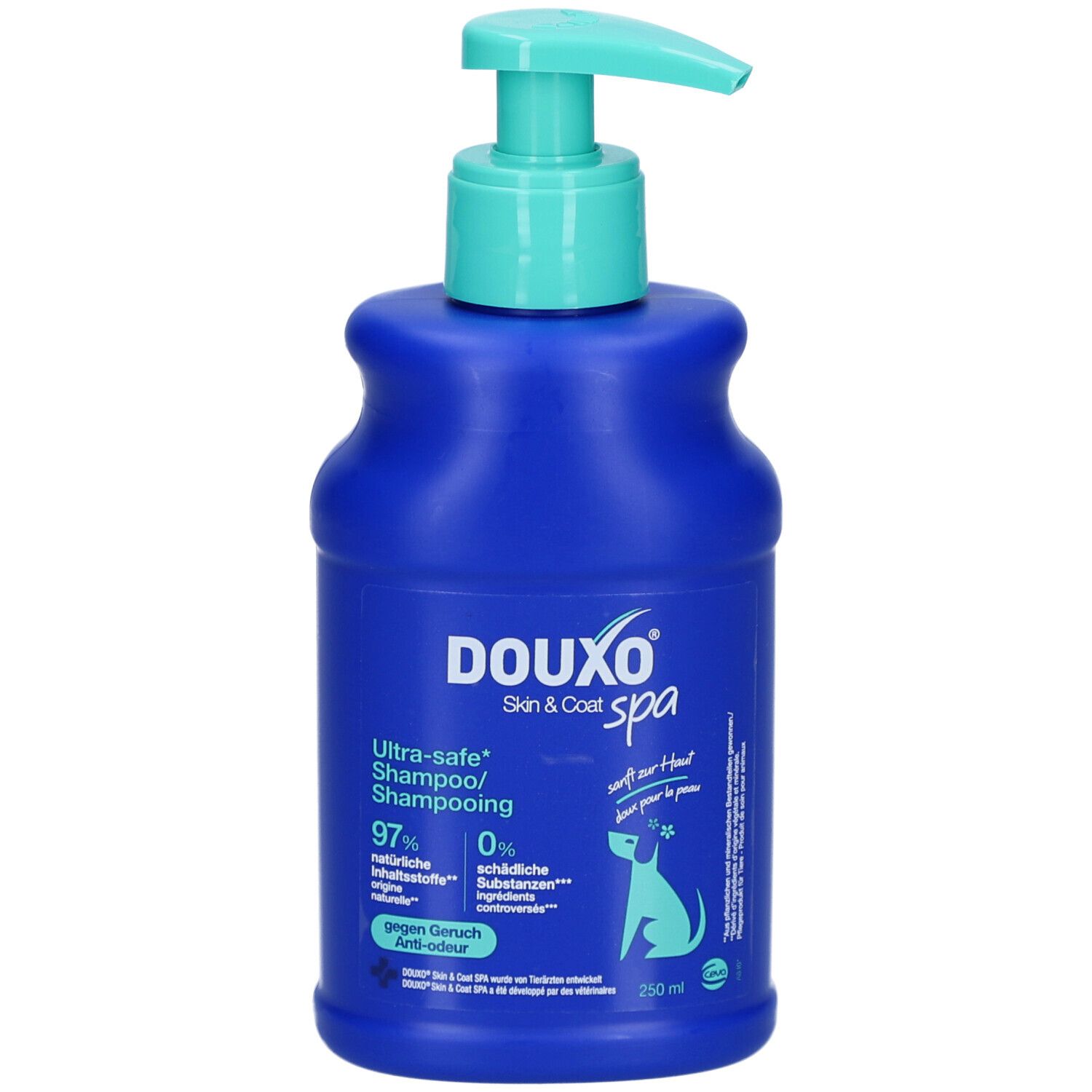 Blaue Flasche DOUXO® SPA Hundeshampoo mit türkisgrünem Pumpkopf. Aufschrift: Ultra-safe Shampooing, 97% natürliche Inhaltsstoffe, gegen Geruch.