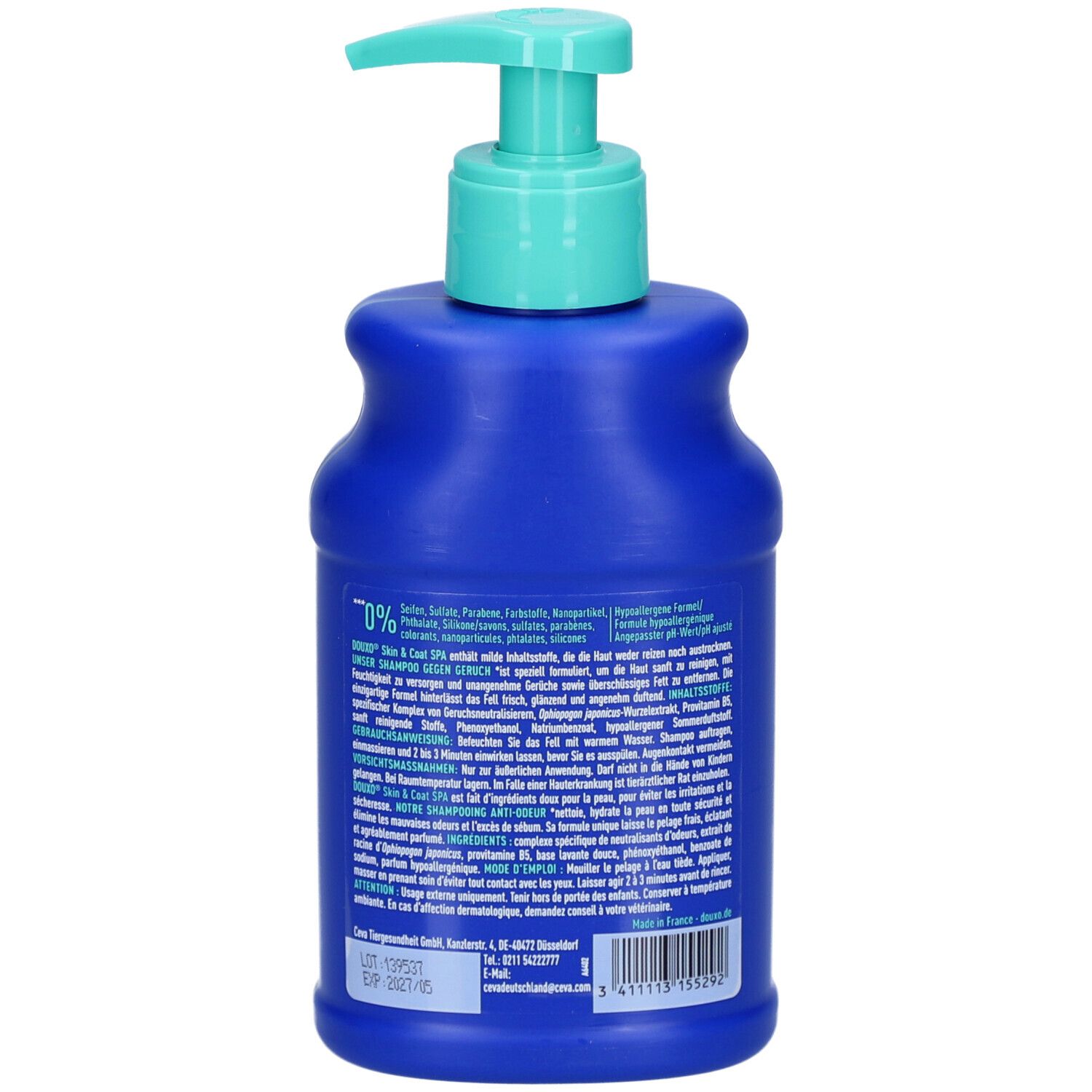 Rückseite der blauen DOUXO® SPA Hundeshampoo-Flasche. Textinformationen in mehreren Sprachen. Enthält Informationen zu Inhaltsstoffen und Anwendung.
