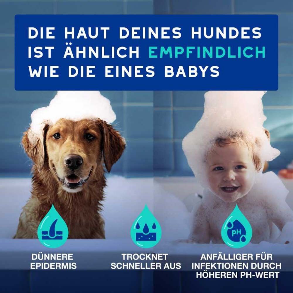 Vergleich Hund und Baby im Schaumbad. Text: Die Haut deines Hundes ist ähnlich empfindlich wie die eines Babys. Dünnere Epidermis, trocknet schneller aus.