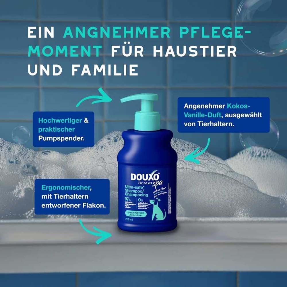 Hundeshampoo mit Pumpe. Text: Ein angenehmer Pflegemoment für Haustier und Familie. Ergonomischer Pumpspender. Kokos-Vanille-Duft.