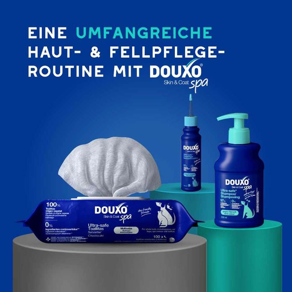Produkt-Set: Shampoo, Tücher, Lotion. Text: Eine umfangreiche Haut- & Fellpflege-Routine mit DOUXO® Skin & Coat spa.