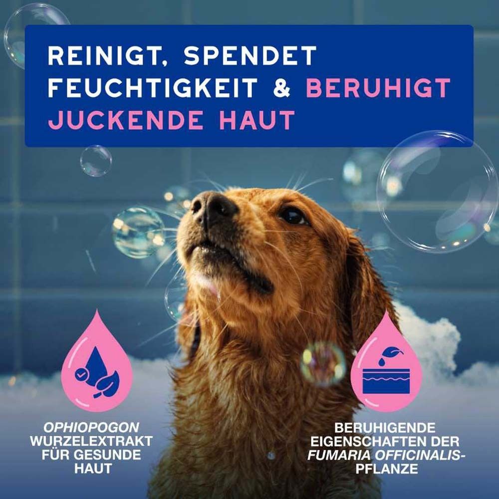 Hund im Wasser mit Seifenblasen. Text: Reinigt, spendet Feuchtigkeit & beruhigt juckende Haut. Illustrationen von Inhaltsstoffen.