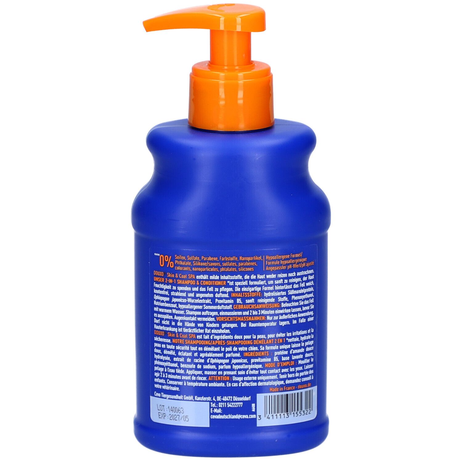 Rückseite der blauen Flasche mit orangefarbenem Pumpkopf. Textinformationen in mehreren Sprachen. Enthält 0% schädliche Inhaltsstoffe.
