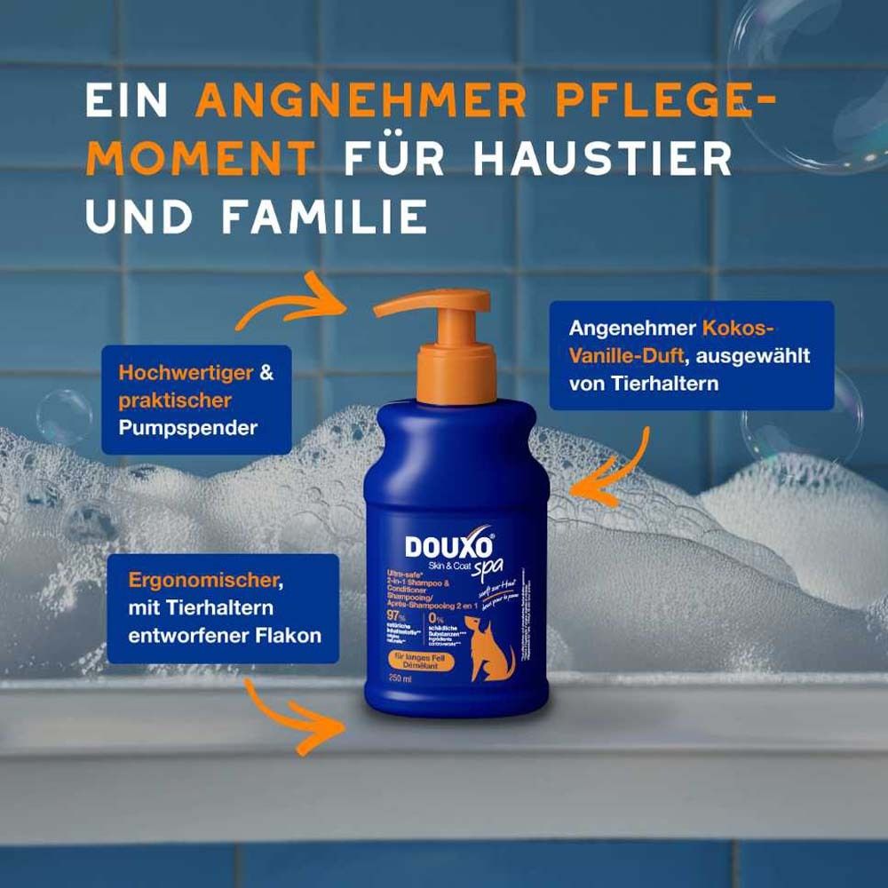 Hund in Badewanne mit Shampoo-Flasche. Text: Ein angenehmer Pflegemoment für Haustier und Familie. Ergonomischer Pumpspender.