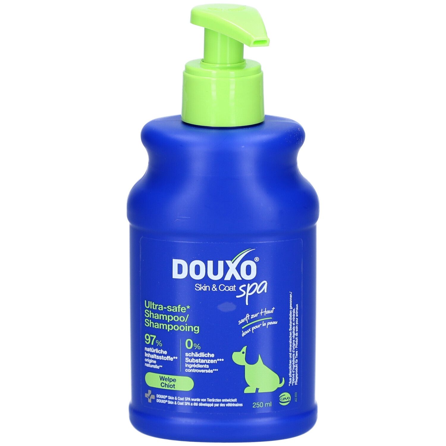Blaue Flasche mit grünem Pumpkopf. Aufschrift DOUXO® Skin & Coat spa. Enthält 97% natürliche Inhaltsstoffe.