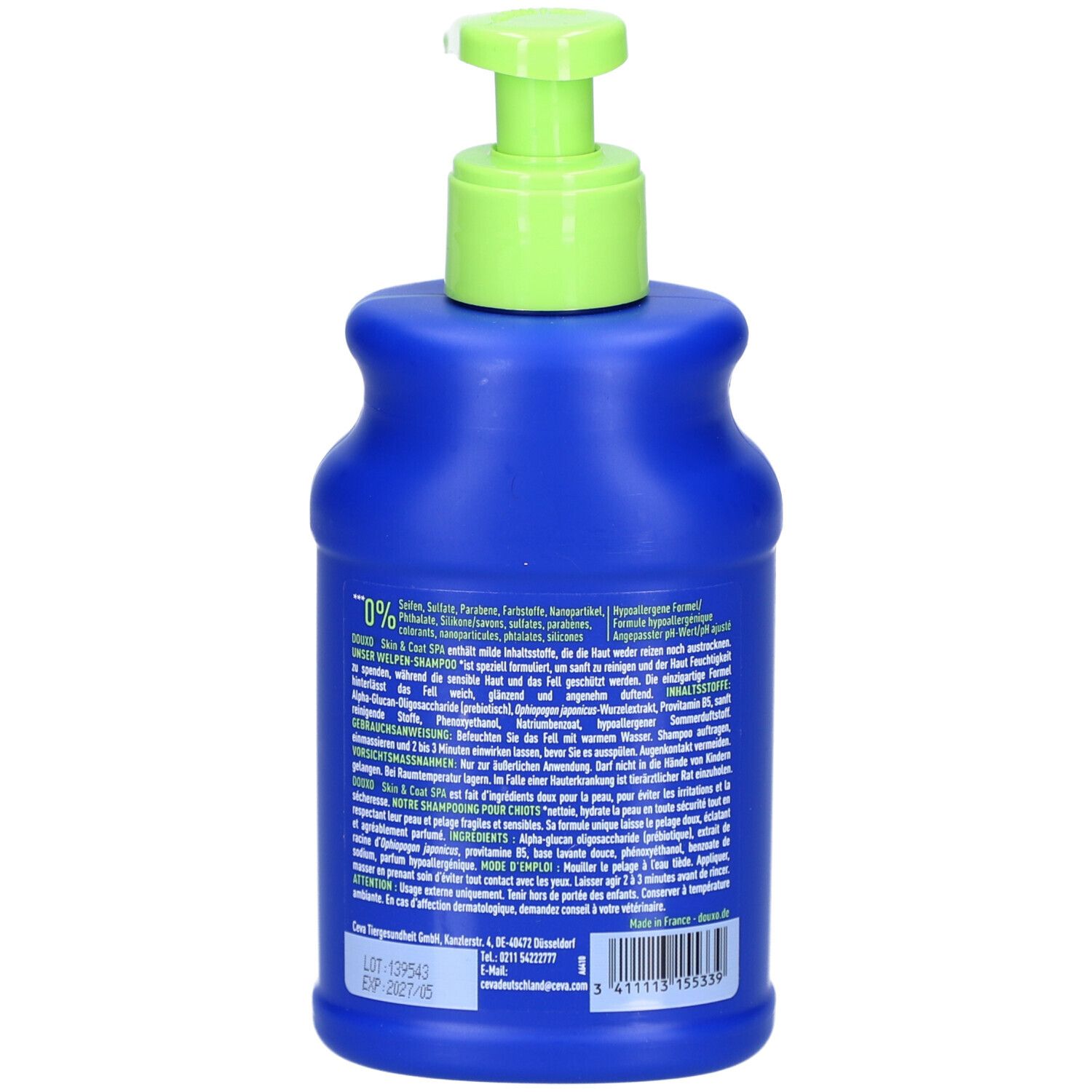 Rückseite der blauen Flasche mit grünem Pumpkopf. Textinformationen und Inhaltsstoffe. Chargennummer und Verfallsdatum.