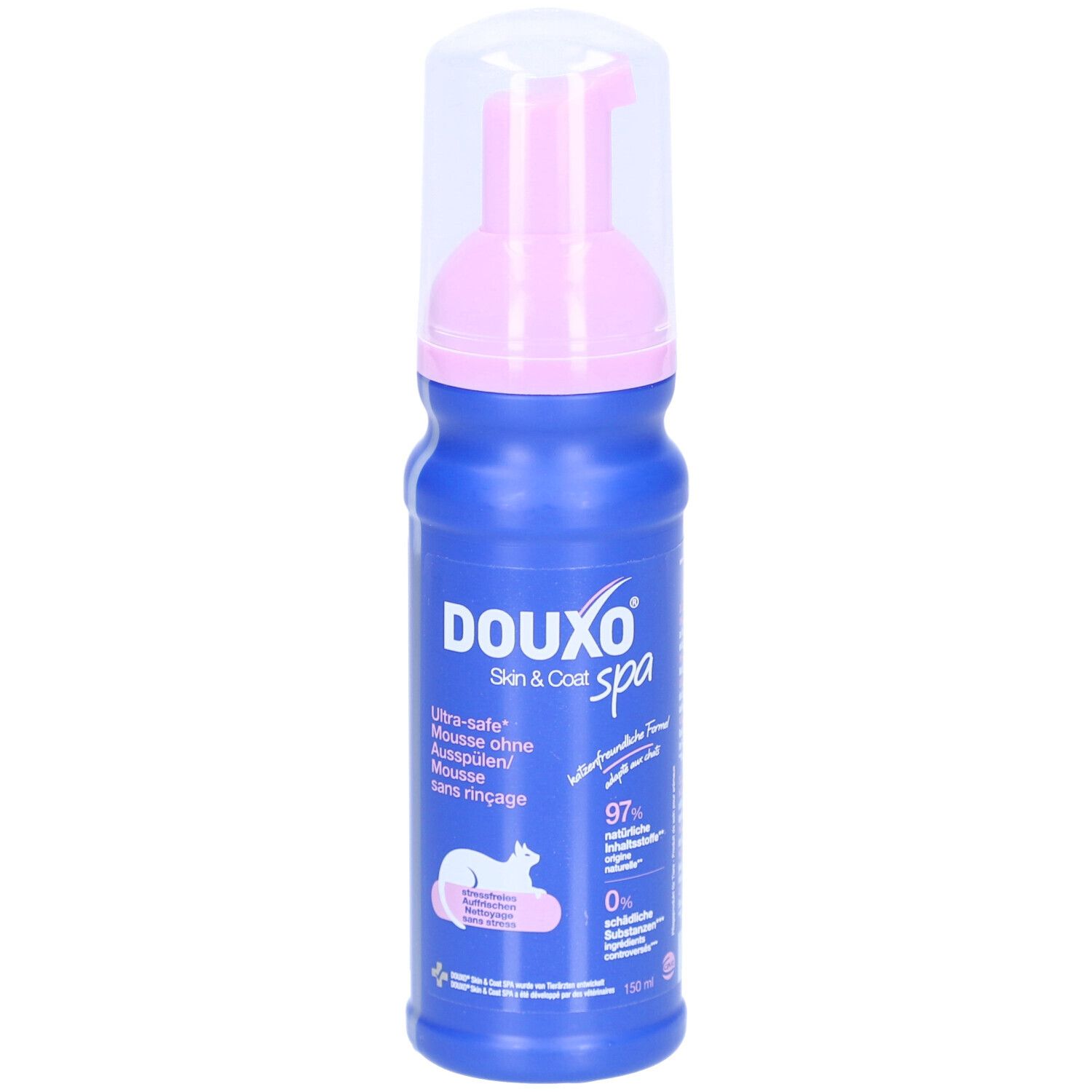 Blaue Flasche mit rosa Sprühkopf. Aufschrift DOUXO spa, Skin & Coat. Enthält Mousse ohne Ausspülen. Katze-Symbol.