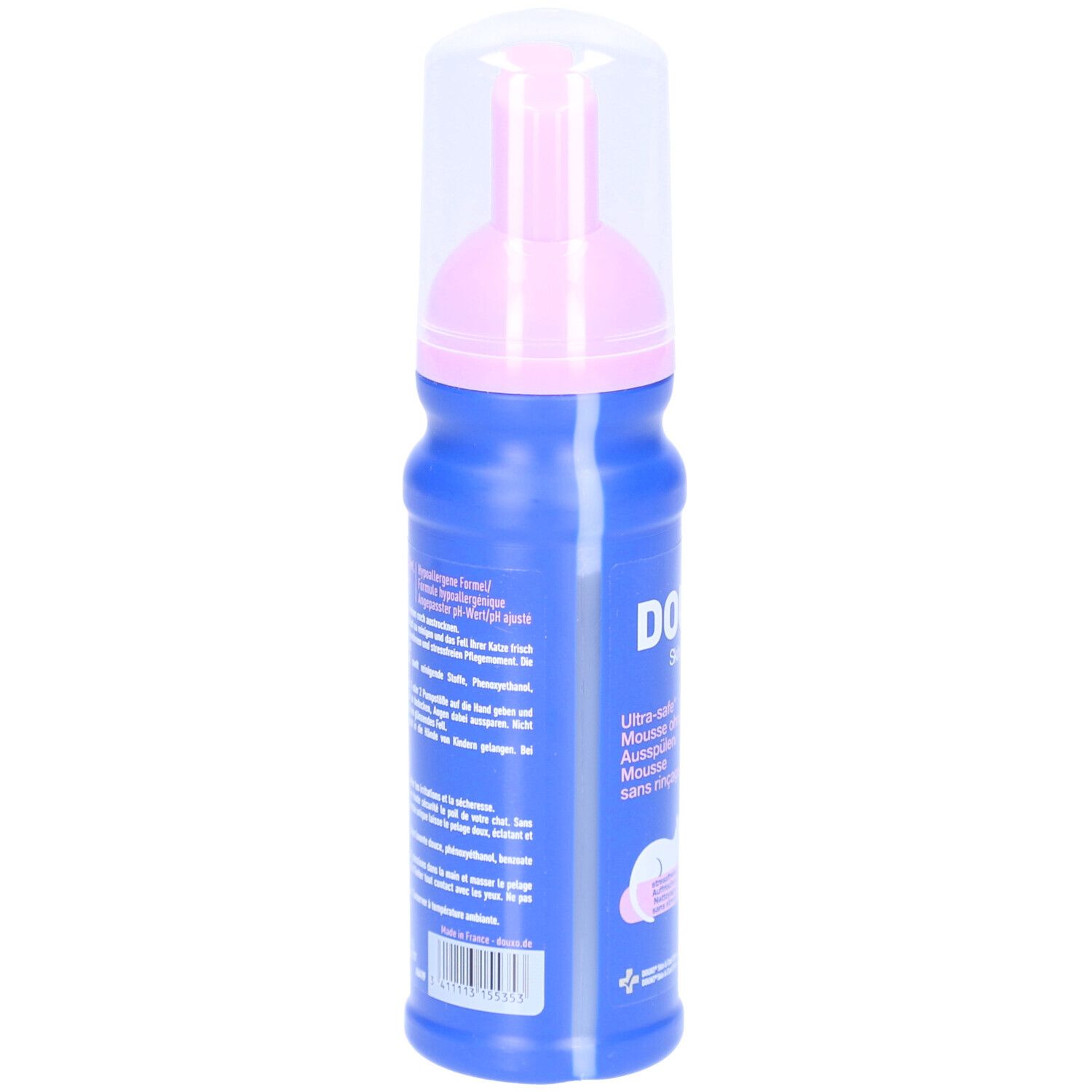 Blaue Flasche mit rosa Sprühkopf. Rückseite mit Text in mehreren Sprachen. Enthält Informationen zum Produkt.