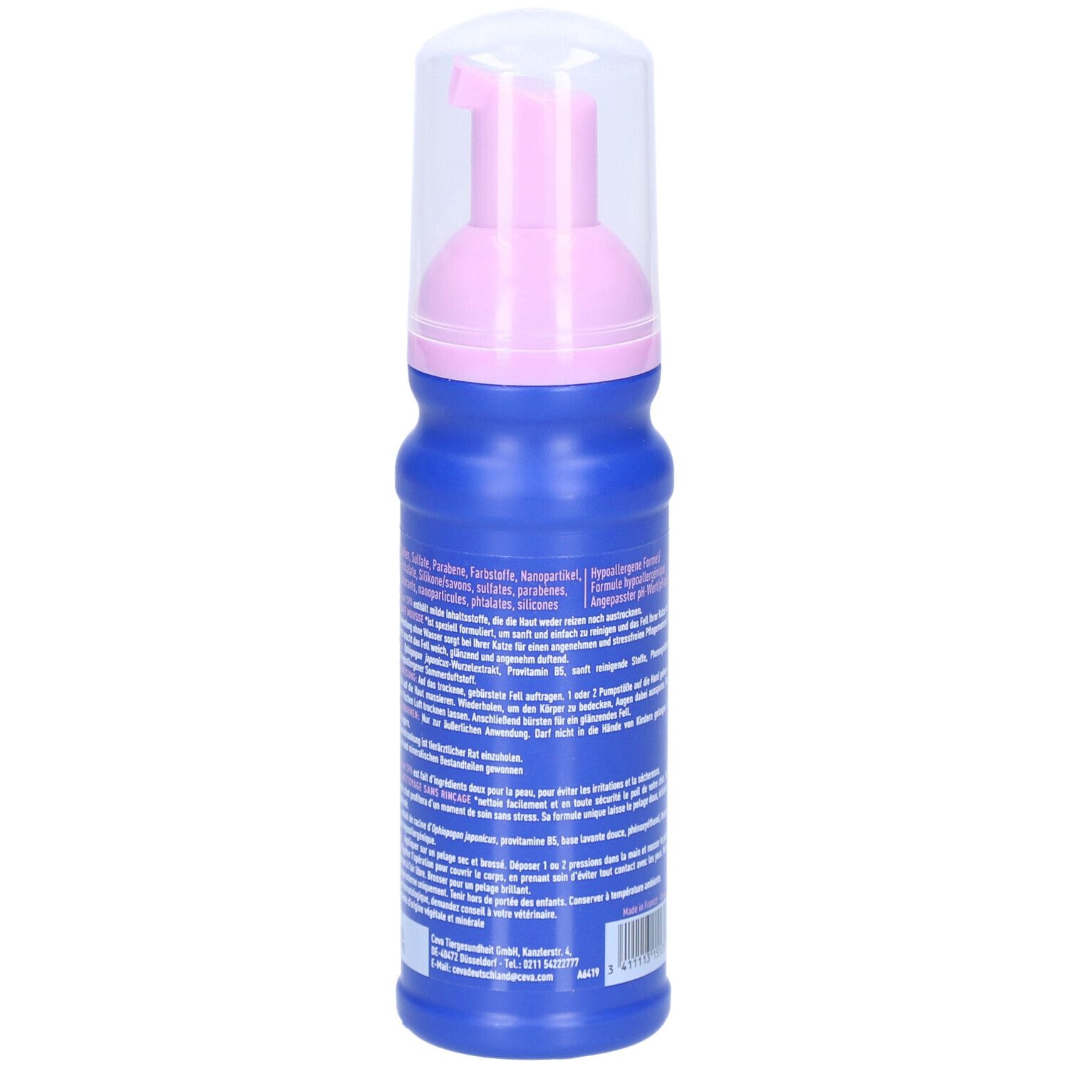Blaue Flasche mit rosa Sprühkopf. Rückseite mit Text in mehreren Sprachen. Enthält Informationen zum Produkt.