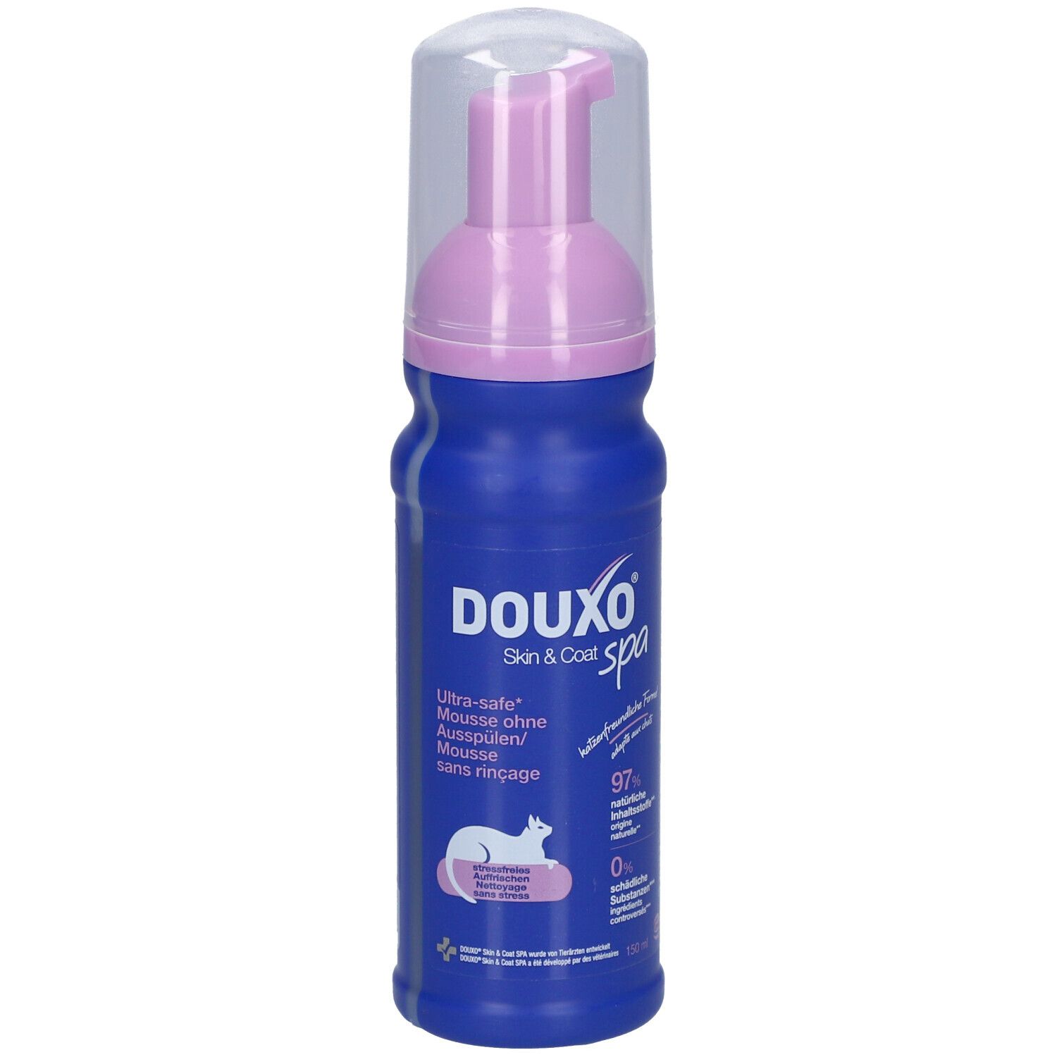 Blaue Flasche mit rosa Sprühkopf. Aufschrift DOUXO spa, Skin & Coat. Enthält Mousse ohne Ausspülen. Katze-Symbol.