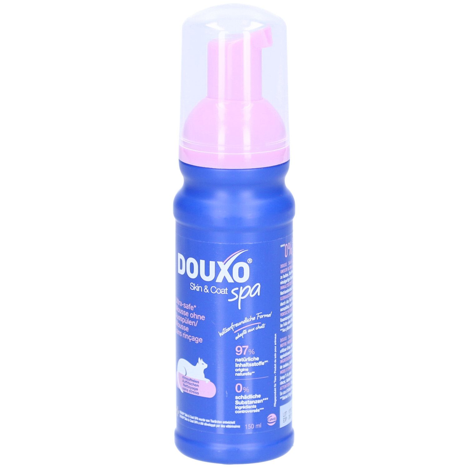 Blaue Flasche mit rosa Sprühkopf. Aufschrift DOUXO spa, Skin & Coat. Enthält Mousse ohne Ausspülen. Katze-Symbol.
