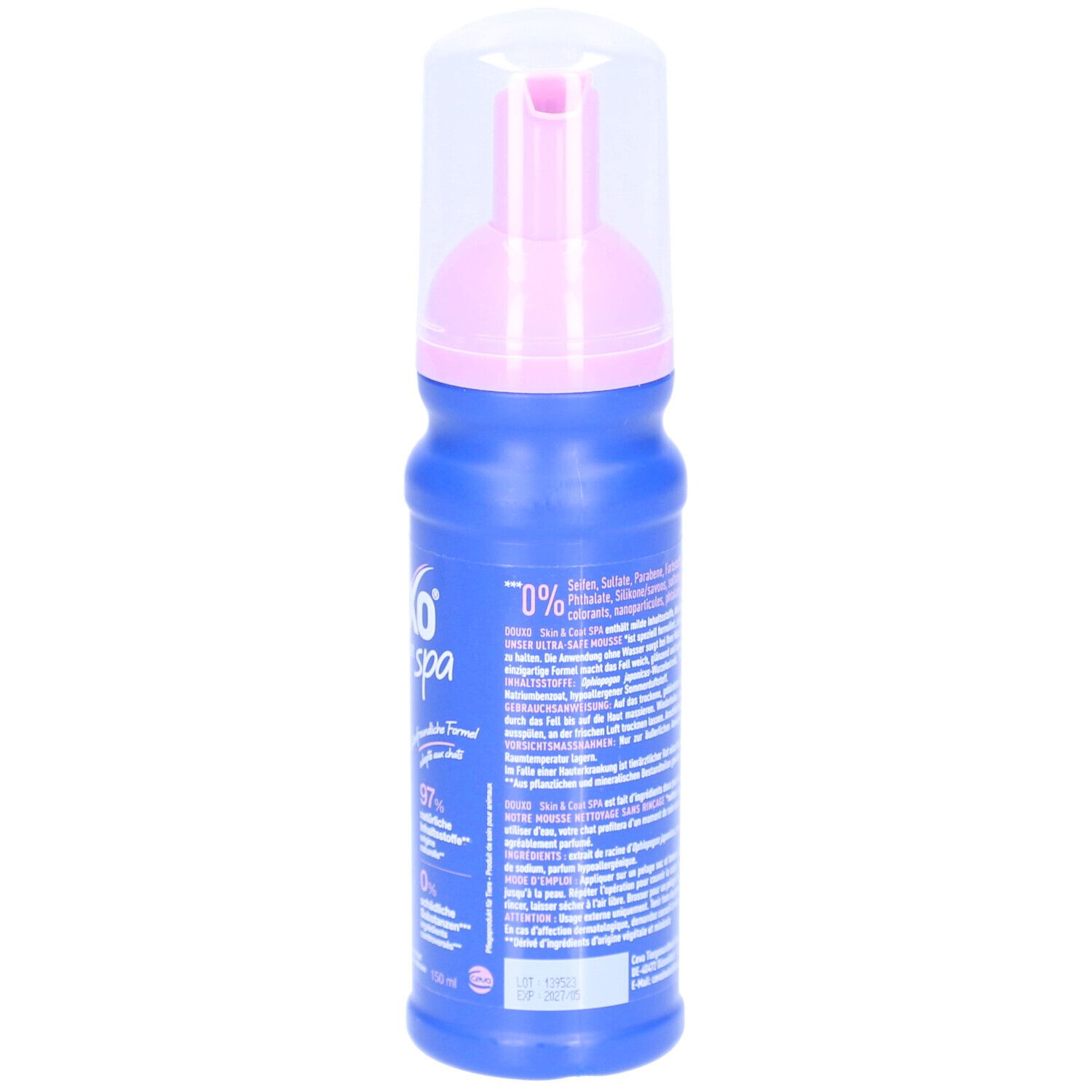 Blaue Flasche mit rosa Sprühkopf. Rückseite mit Text in mehreren Sprachen. Enthält Informationen zum Produkt.