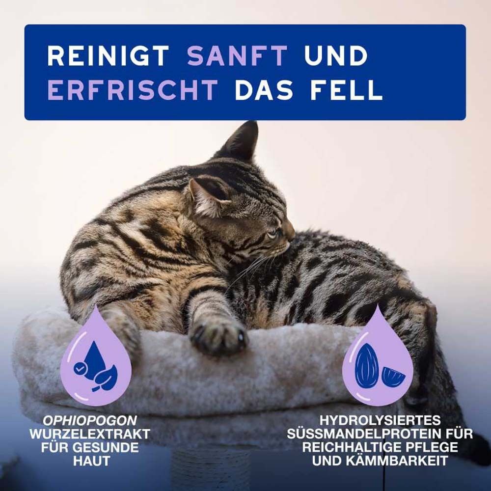 Katze auf Kissen. Text: Reinigt sanft und erfrischt das Fell. Illustrationen von Inhaltsstoffen.