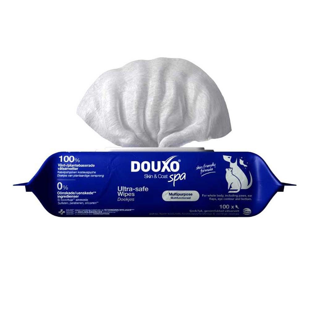 Blau-weiße Verpackung mit DOUXO® Skin & Coat spa Feuchttüchern. 100 Tücher. Ultra-safe Wipes. Aus pflanzlichem Material.