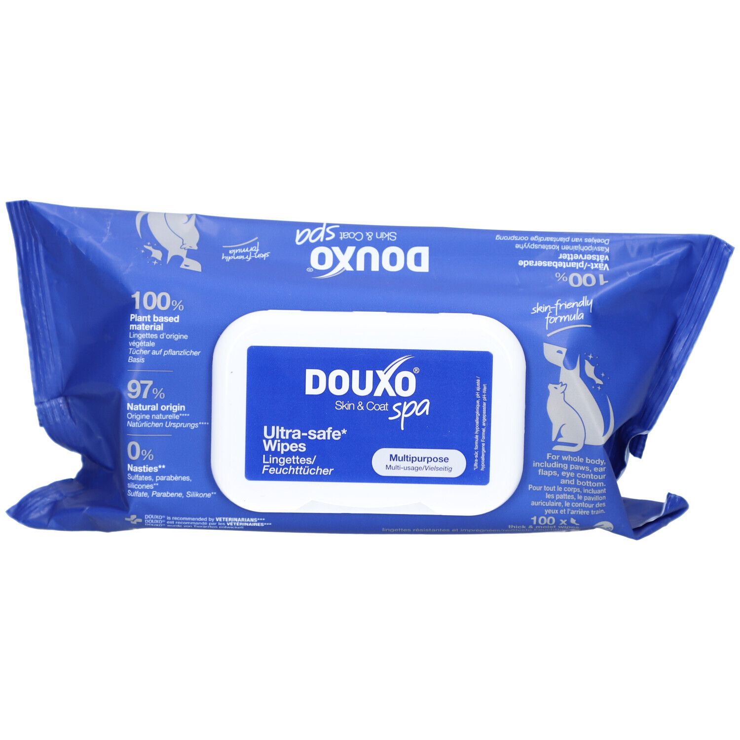 Blau verpackte Feuchttücher. Aufschrift DOUXO® SPA, Ultra-safe Wipes. 100% pflanzliches Material, 97% natürlichen Ursprungs.