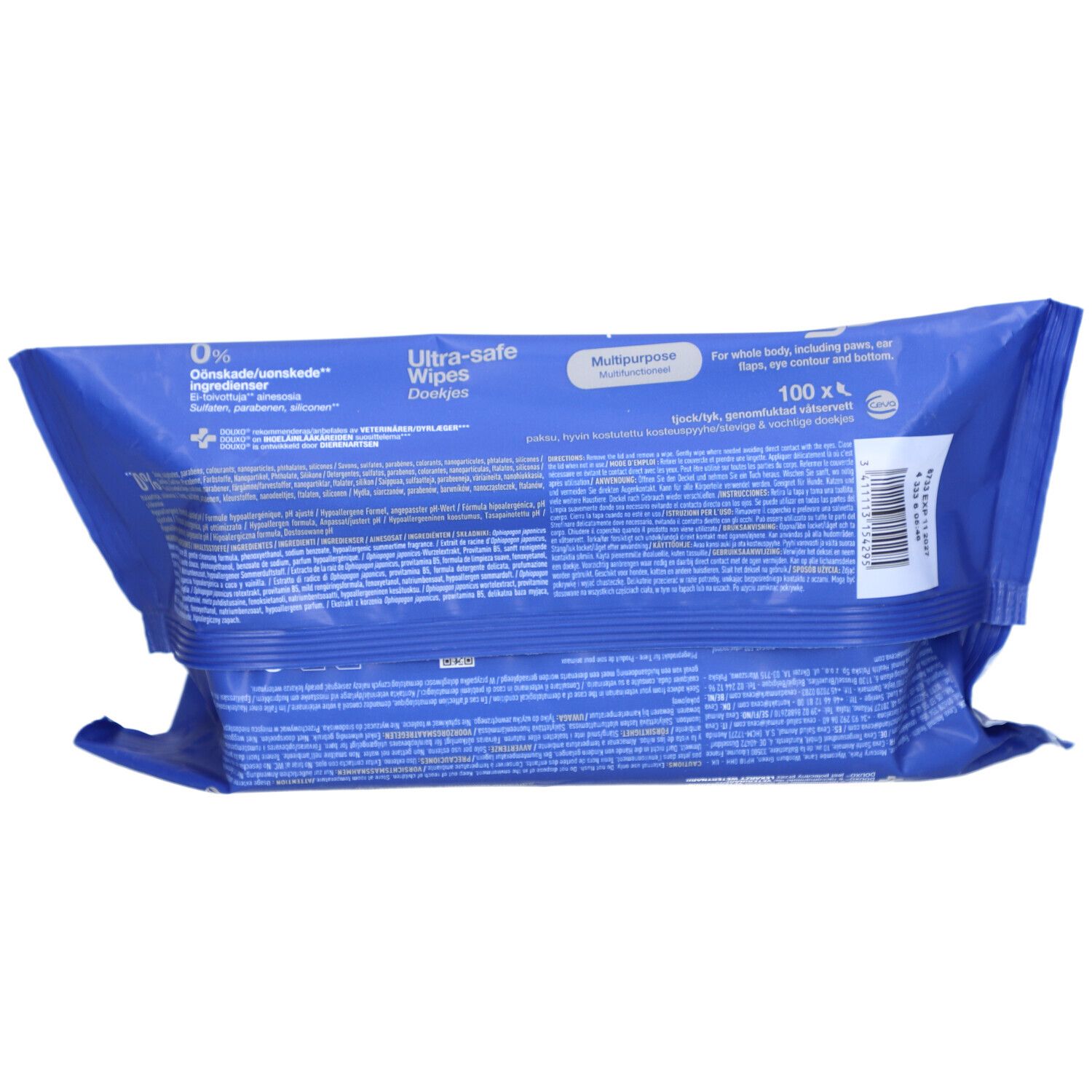 Rückseite der blauen Feuchttücher-Verpackung. Text mit Informationen zu Inhaltsstoffen und Anwendung. 100 Stück.