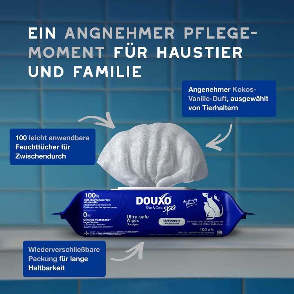 Feuchttücher und Verpackung. Text: Ein angenehmer Pflegemoment für Haustier und Familie. Wiederverschließbare Packung.