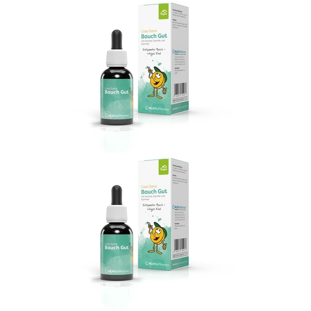 Braune Glasflasche mit Tropfer und grüner Etikettierung. Daneben eine grüne Schachtel mit Produktinformationen und Illustration.