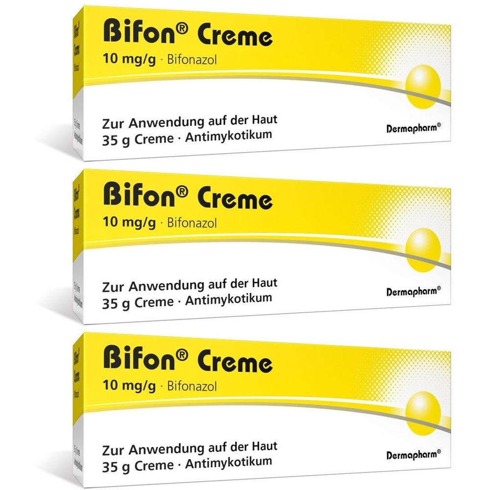 Drei gelb-weiße Schachteln mit der Aufschrift "Bifon Creme". Enthält 10 mg/g Bifonazol. Aufschrift: "Zur Anwendung auf der Haut".