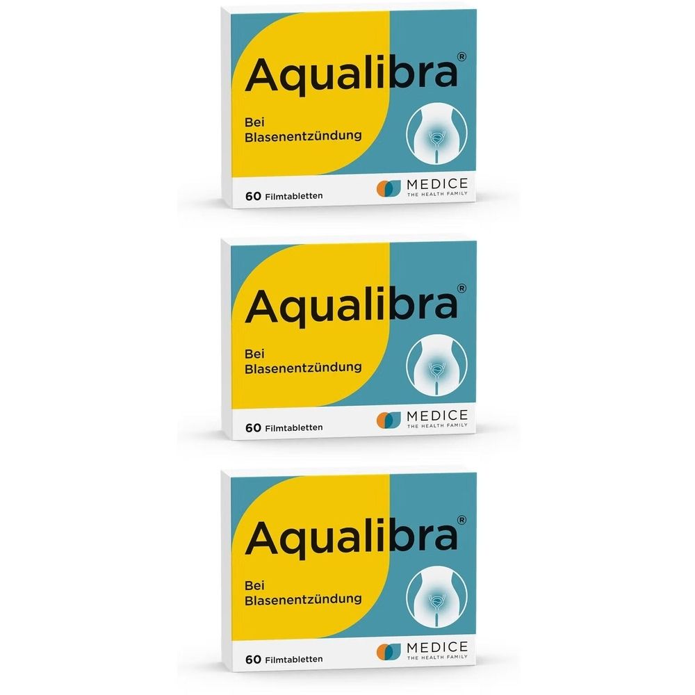 Drei Schachteln Aqualibra Filmtabletten. Gelber und blauer Hintergrund. Aufschrift: Bei Blasenentzündung. 60 Filmtabletten.