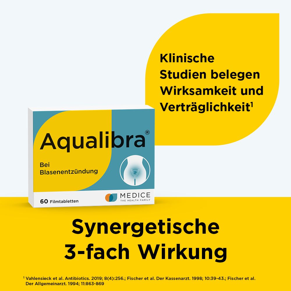 Aqualibra Tablettenpackung mit Text über klinische Studien zur Wirksamkeit.