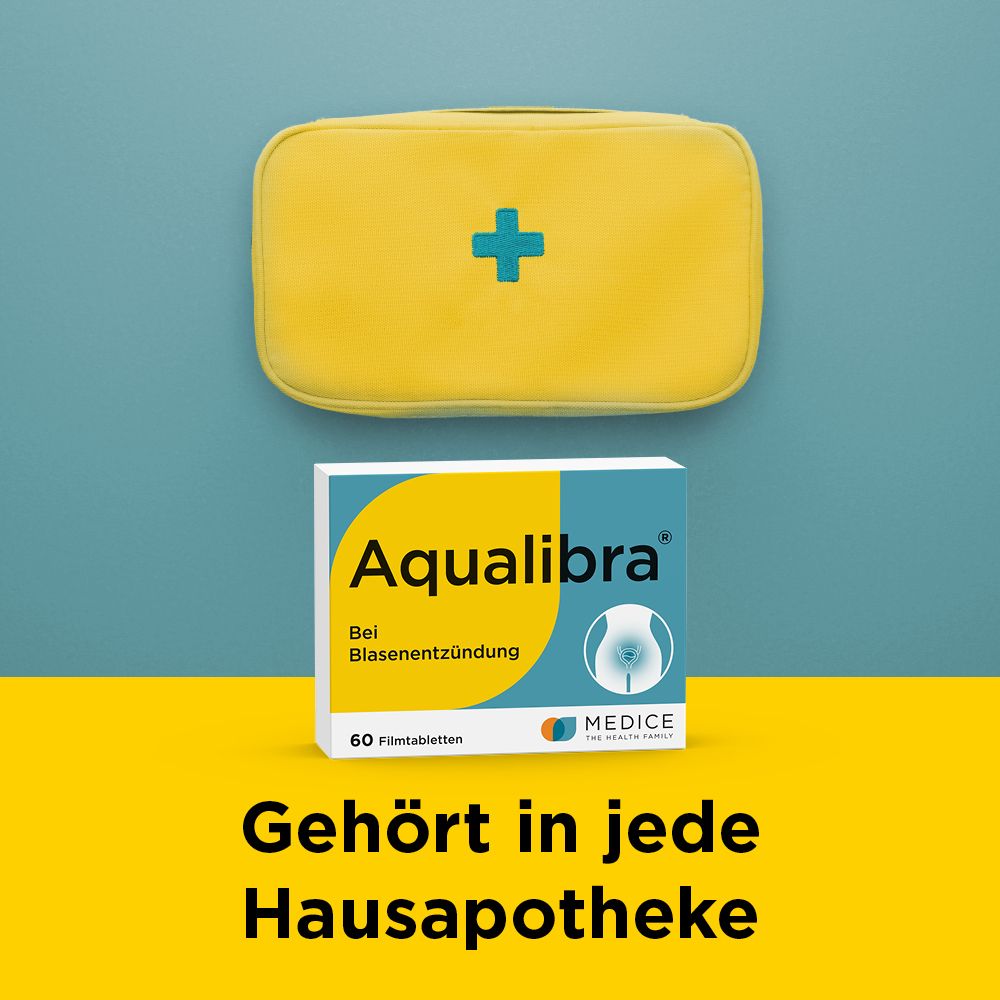 Aqualibra Tablettenpackung neben einer gelben Erste-Hilfe-Tasche.