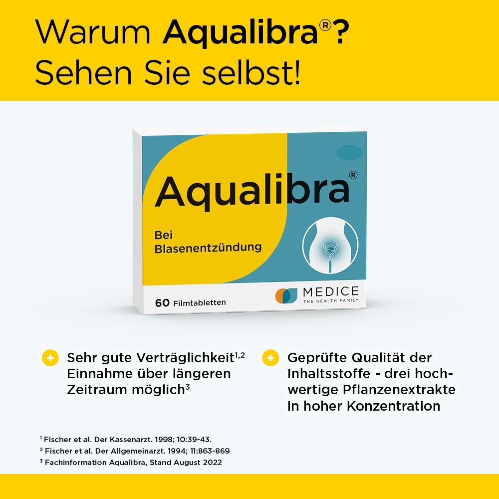 Aqualibra Tablettenpackung mit Text über Verträglichkeit und Inhaltsstoffe.