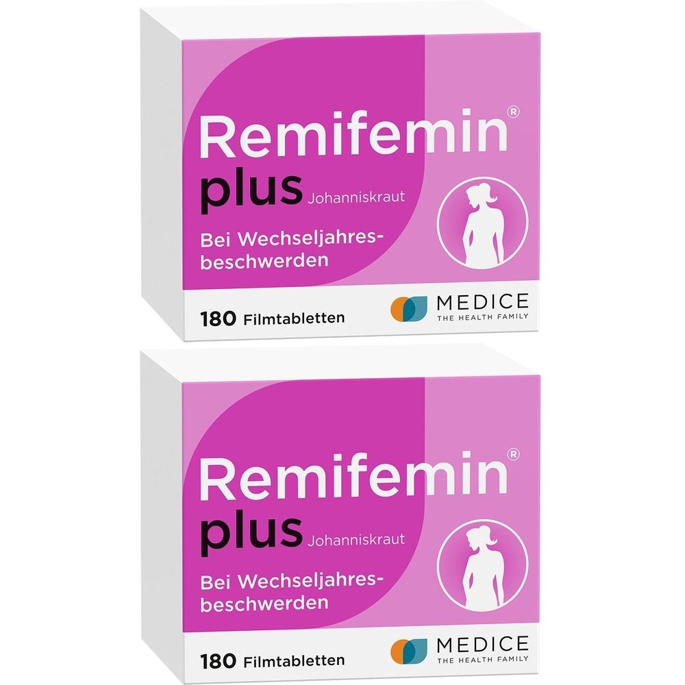 Zwei Packungen mit "Remifemin plus Johanniskraut" Filmtabletten. Rosa-weiße Verpackung mit Produktnamen, Logo und 180 Filmtabletten.