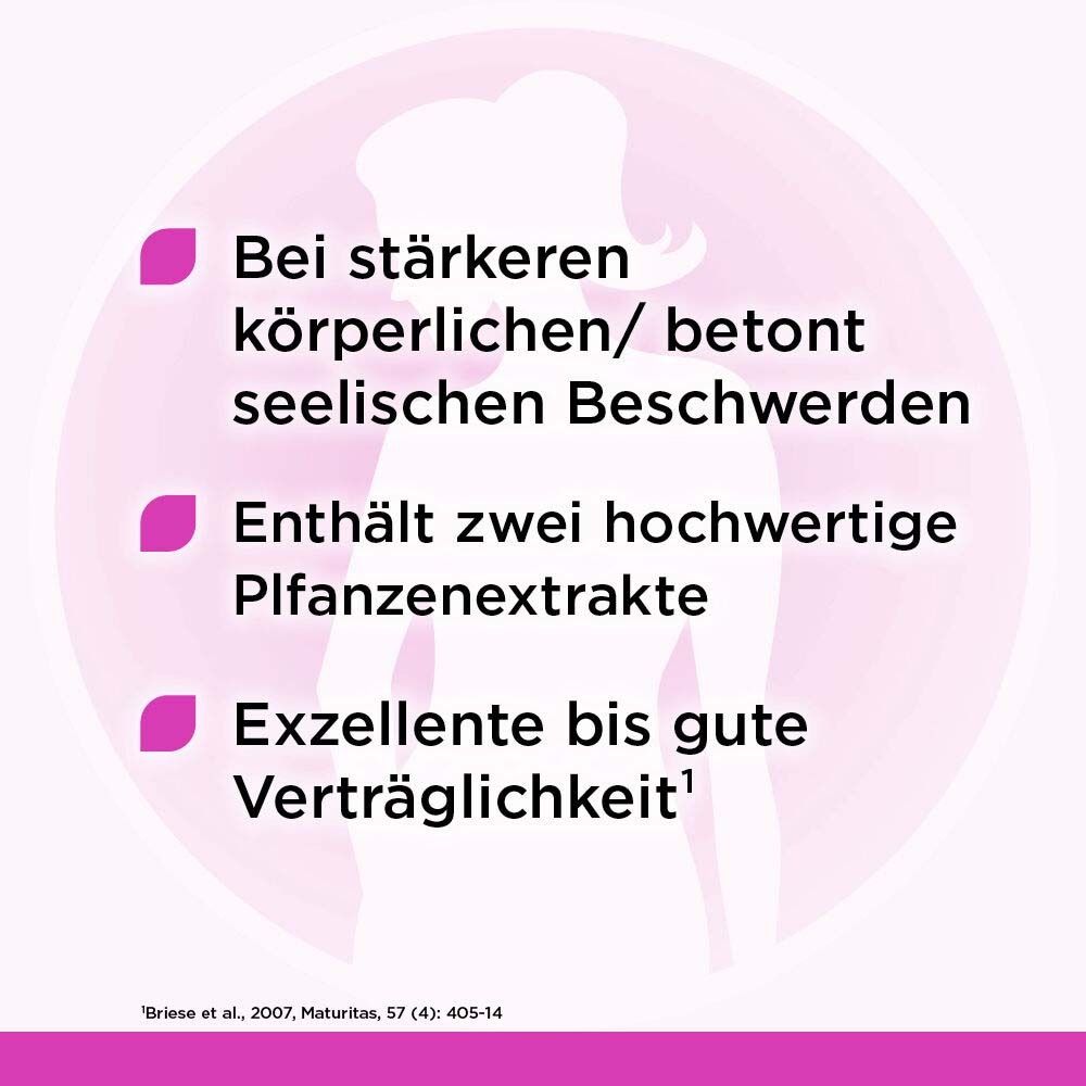 Infografik mit Text über Remifemin plus. Text: 'Bei stärkeren Beschwerden', 'Enthält zwei hochwertige Pflanzenextrakte', 'Exzellente Verträglichkeit'.