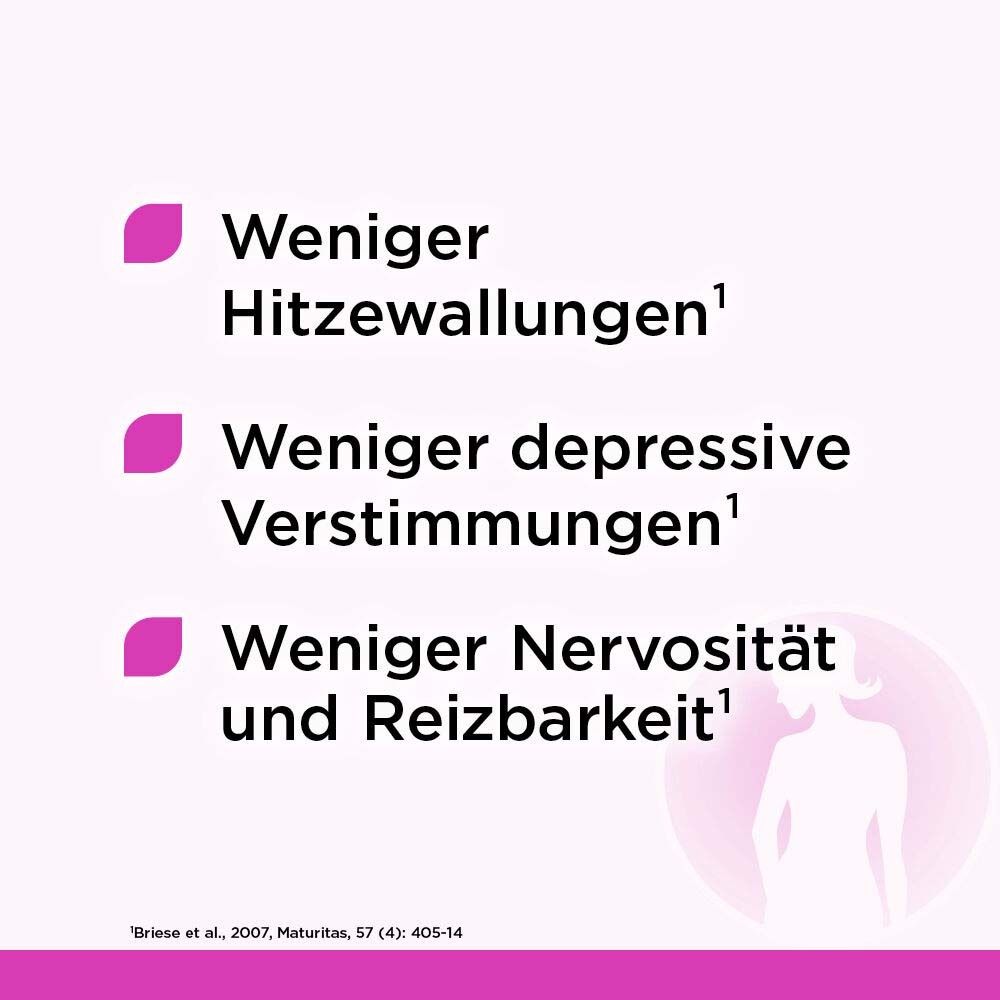 Infografik mit Text über Remifemin plus. Text: 'Weniger Hitzewallungen', 'Weniger depressive Verstimmungen', 'Weniger Nervosität'.