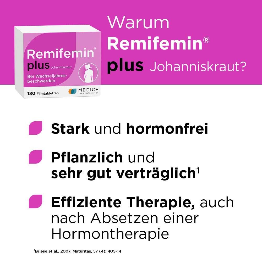Packung Remifemin plus. Text: 'Stark und hormonfrei', 'Pflanzlich und sehr gut verträglich', 'Effiziente Therapie'.