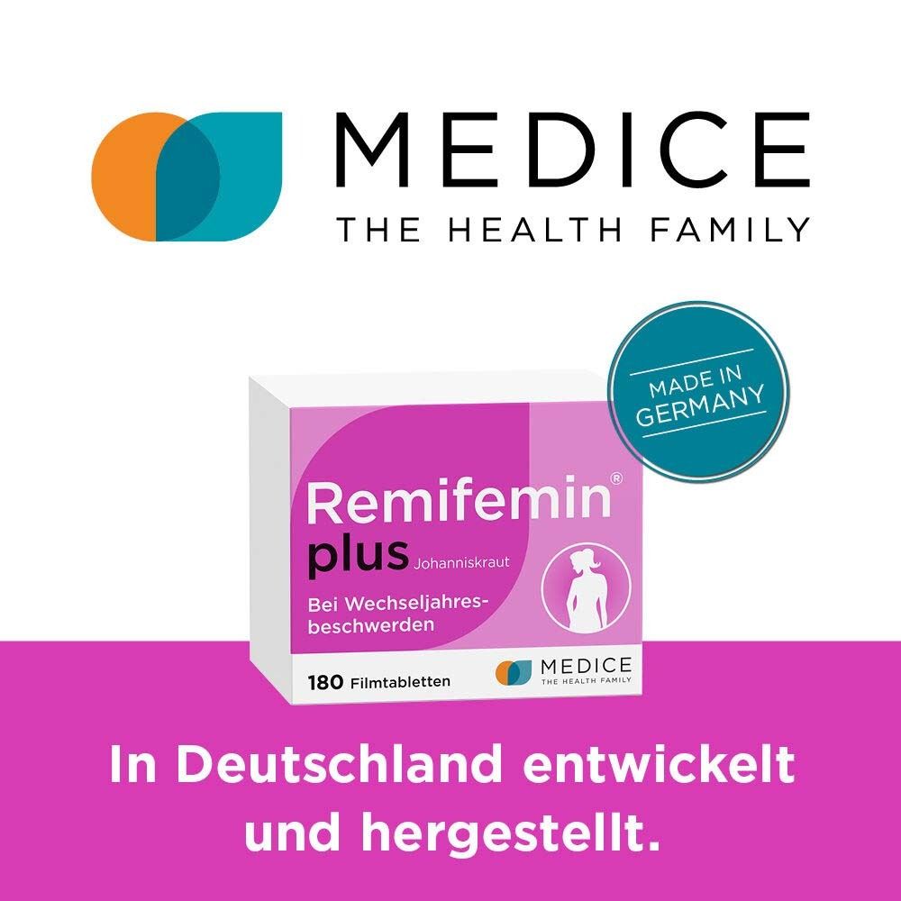 Packung Remifemin plus. Logo 'MEDICE THE HEALTH FAMILY'. Text: 'In Deutschland entwickelt und hergestellt'. Made in Germany.