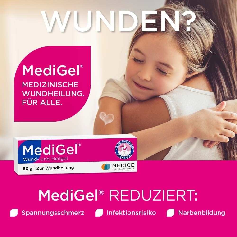 MediGel Wund- und Heilgel und ein Kind. Text: Medizinische Wundheilung für alle. MediGel reduziert Spannungsschmerz, Infektionsrisiko, Narbenbildung.