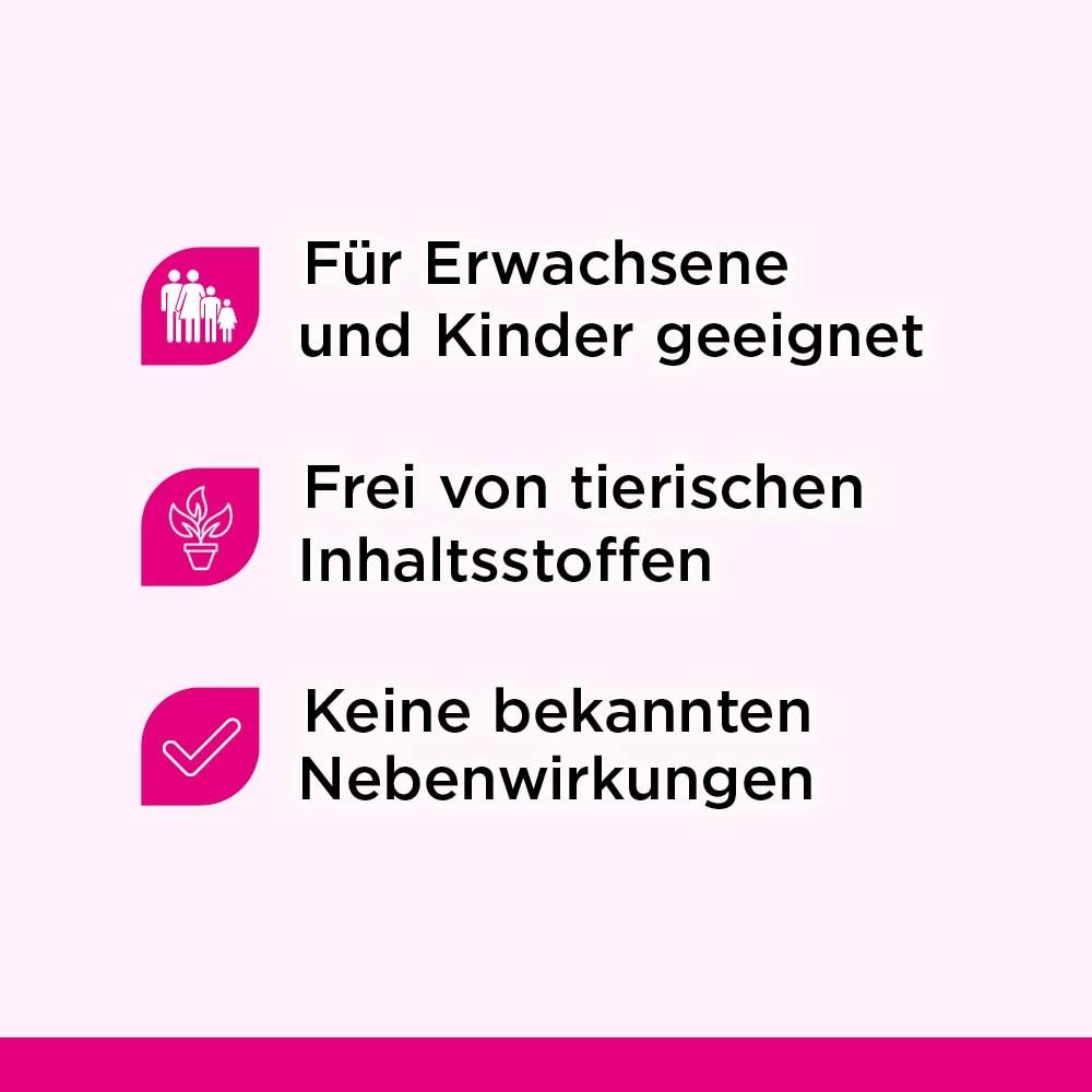 Text: Für Erwachsene und Kinder geeignet. Frei von tierischen Inhaltsstoffen. Keine bekannten Nebenwirkungen.