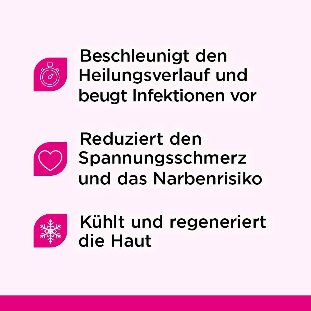 Text: Beschleunigt den Heilungsverlauf und beugt Infektionen vor. Reduziert Spannungsschmerz und Narbenrisiko. Kühlt und regeneriert die Haut.