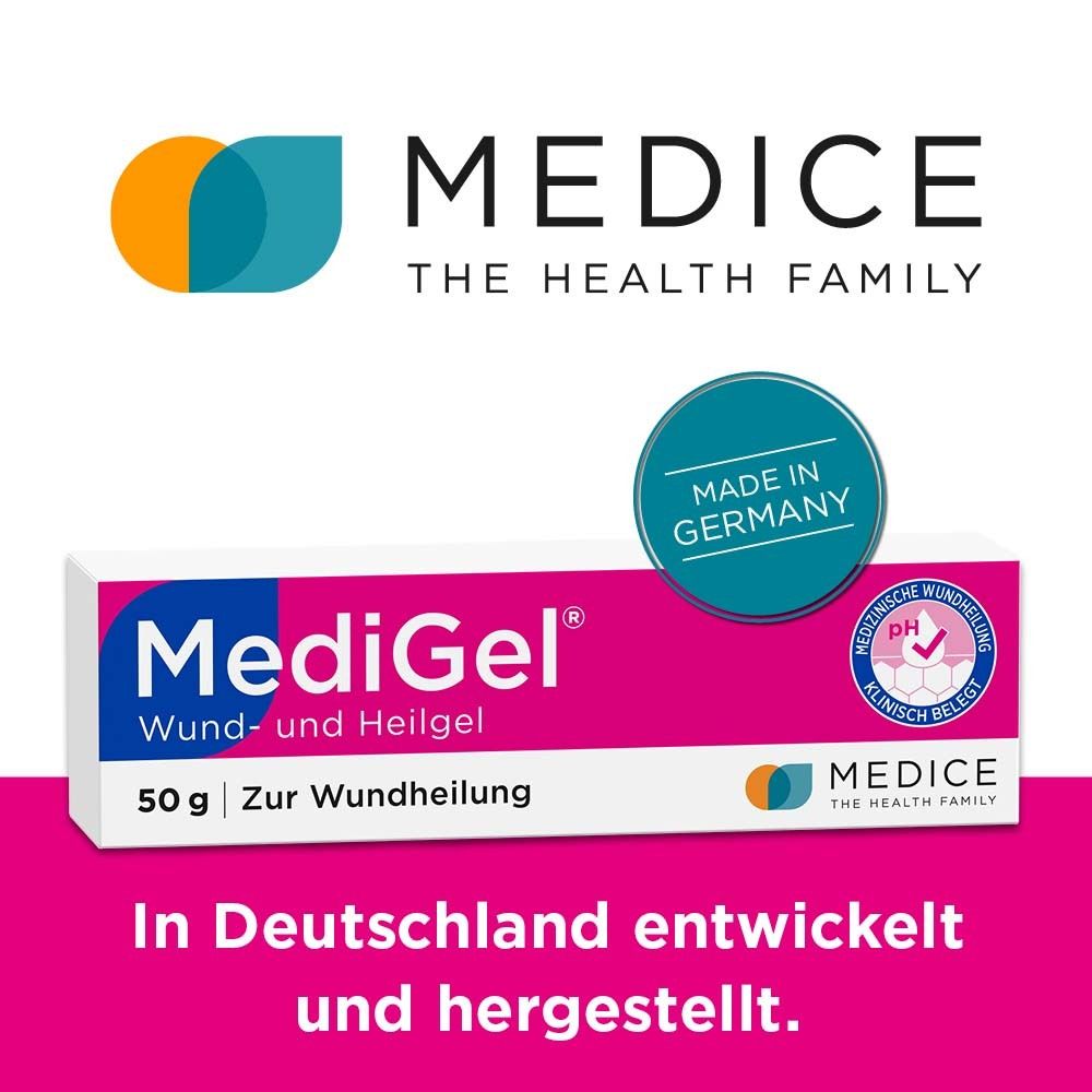 MediGel Wund- und Heilgel. Text: In Deutschland entwickelt und hergestellt. Logo: Made in Germany. Logo: MEDICE THE HEALTH FAMILY.