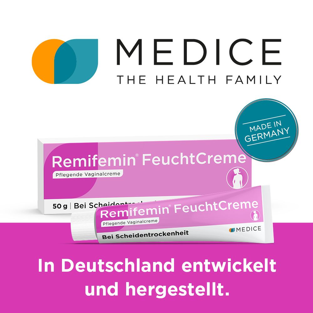 Remifemin FeuchtCreme Tube und Packung, 50g, Made in Germany.