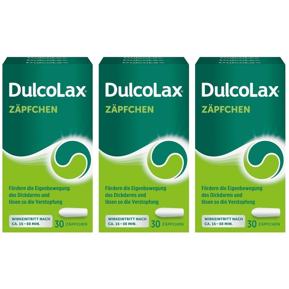 Drei grüne Schachteln mit der Aufschrift "Dulcolax Zäpfchen". Jede Schachtel enthält 30 Zäpfchen und hat eine weiße Zäpfchen-Abbildung.