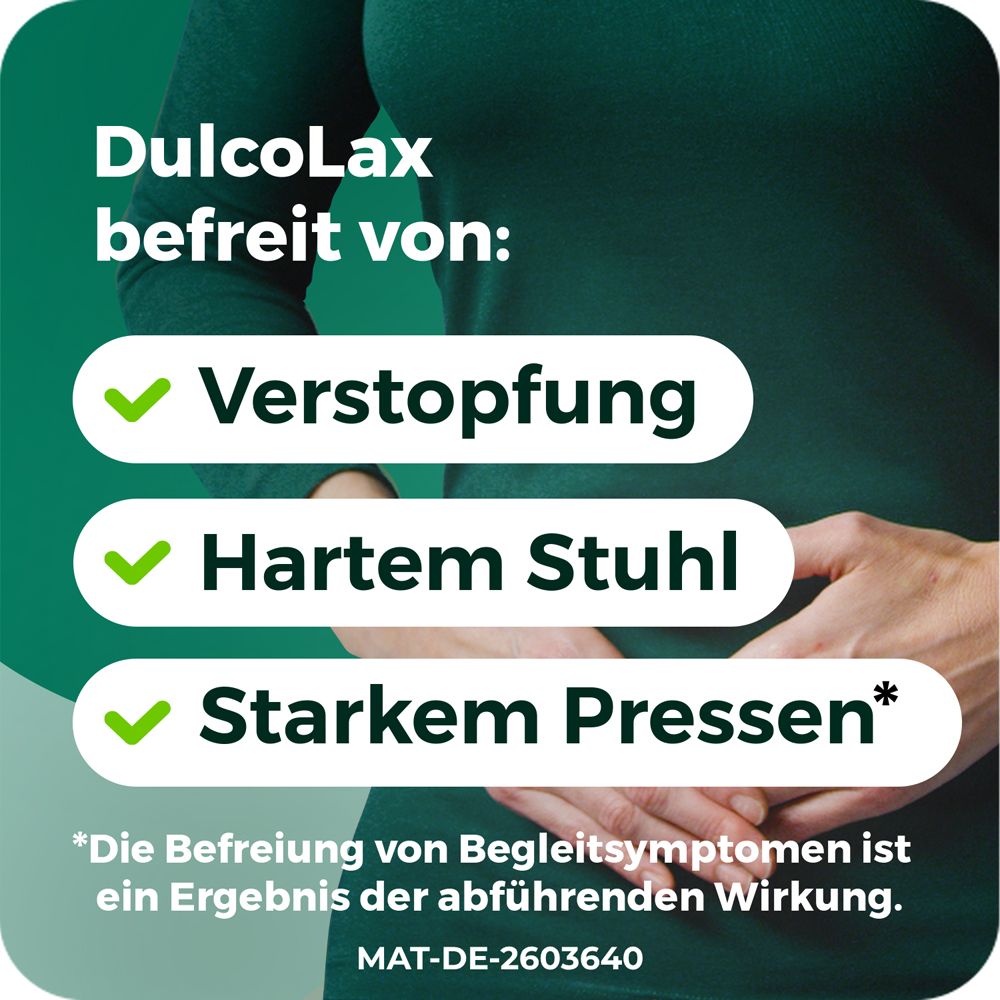 Dulcolax befreit von Verstopfung, hartem Stuhl und starkem Pressen.