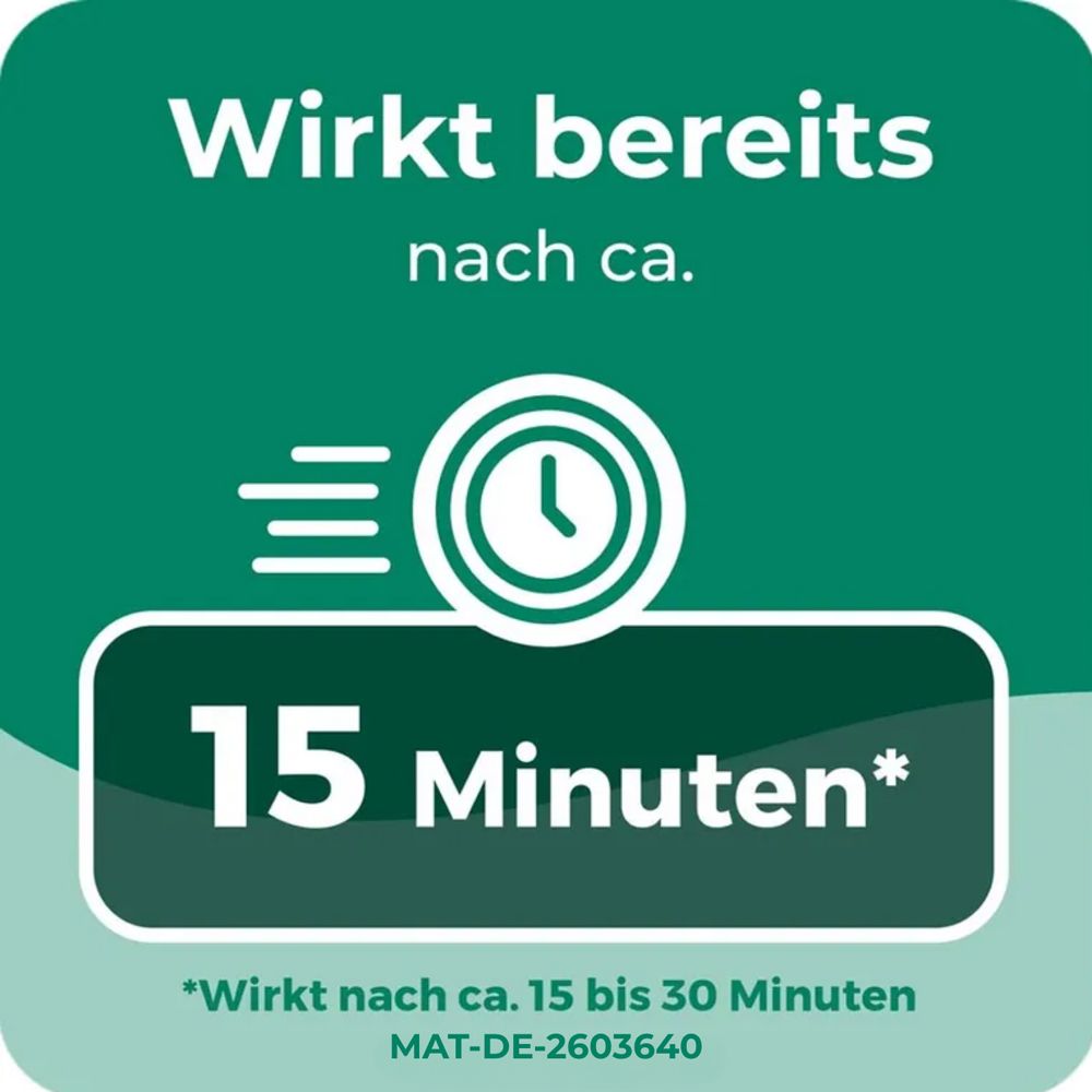 Uhr-Symbol, Text: Wirkt bereits nach ca. 15 Minuten.