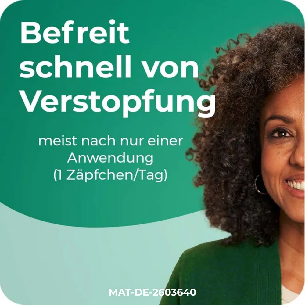 Frau lächelt, Text: Befreit schnell von Verstopfung, meist nach einer Anwendung (1 Zäpfchen/Tag).