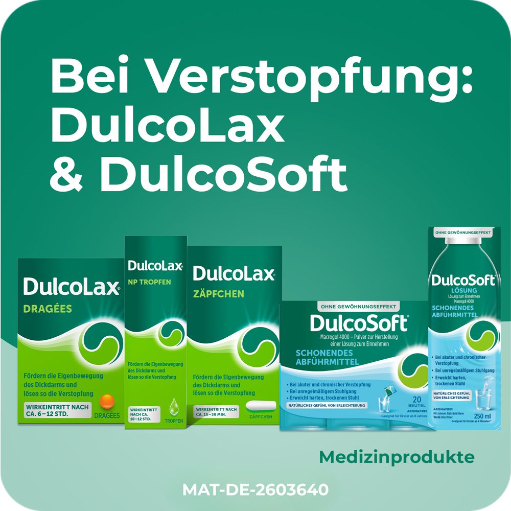 Produkte von Dulcolax und Dulcosoft, Text: Bei Verstopfung: Dulcolax & DulcoSoft. Medizinprodukte.