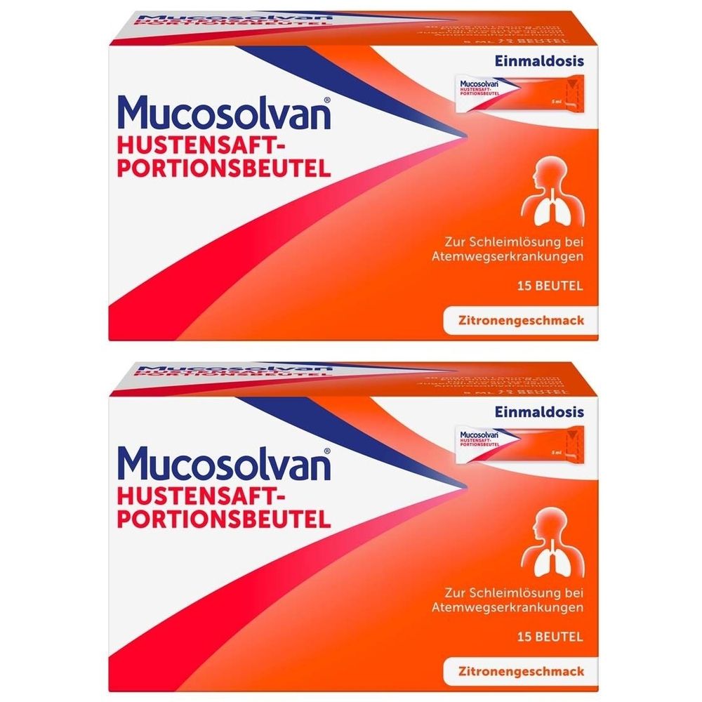 Zwei Packungen Hustensaft-Portionsbeutel. Aufschrift: Mucosolvan, 15 Beutel, Zitronengeschmack. Abbildung einer Lunge.
