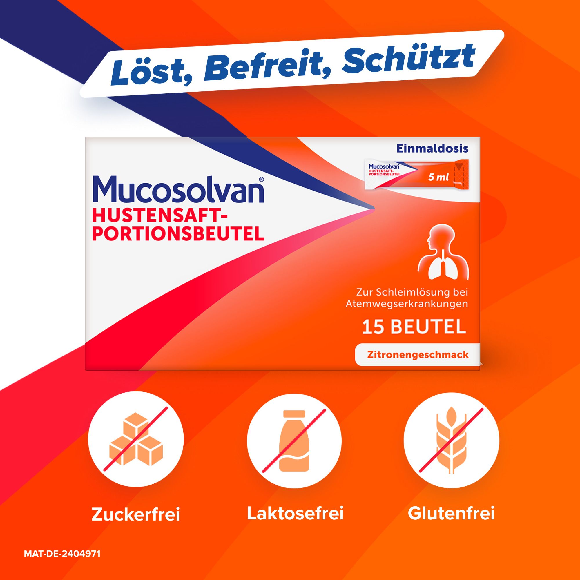 Packung Mucosolvan Hustensaft. Text: Löst, befreit, schützt. Ohne Zucker, Laktose und Gluten.