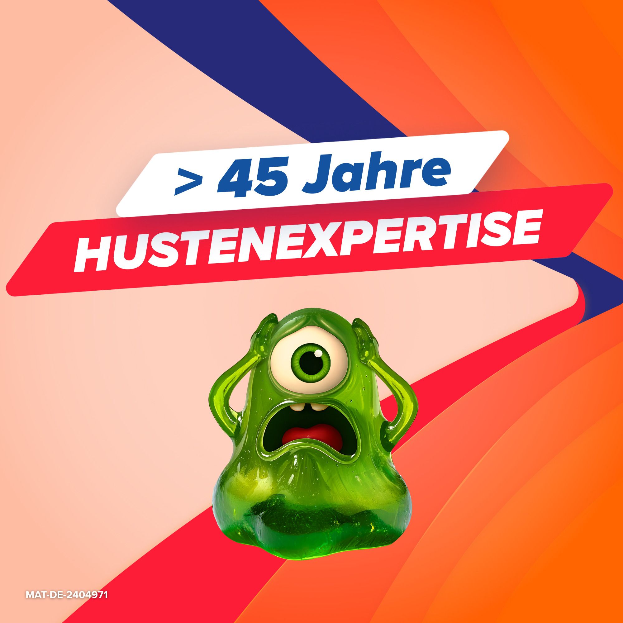 Grünes Monster mit Händen am Kopf. Text: >45 Jahre Hustenexpertise.